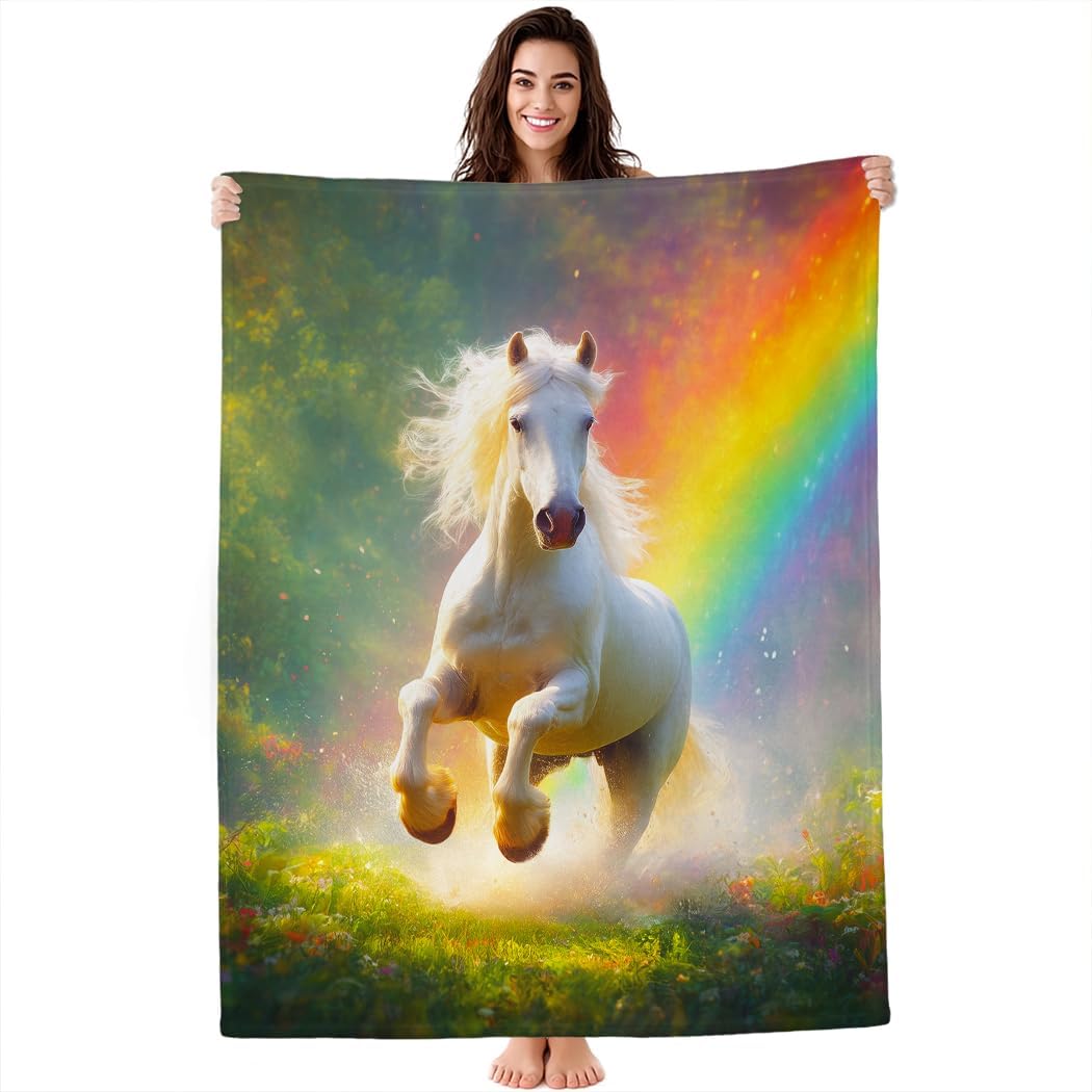 Soft Cozy Fleece Throw Blanket for Couch,Premium Fluffy Microfiber,Dreamy Grassland Rainbow White Horse Animal,50X60 Inches