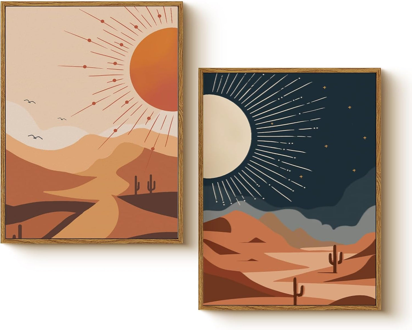 Boho Sun and Moon Wall Art Set 2 Piece Framed Canvas Prints, 12x16 Day & Night Abstract Modern Desert Landscape Artwork, Terracotta Minimalist Warm Earth Tones Bedroom Entryway Bathroom Decor
