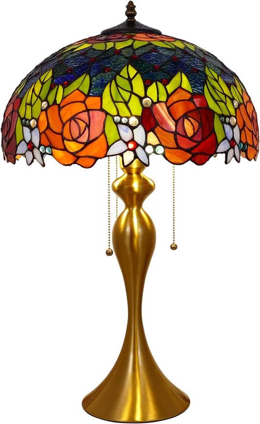 Tiffany Table Lamp Handmade Stained Glass Desk Lamps Gifts Iron Art Base 16" Wide 24" Tall Double Color Roses Style Vintage Reading Lamp for Office, Living Room, Bedroom, Study Room