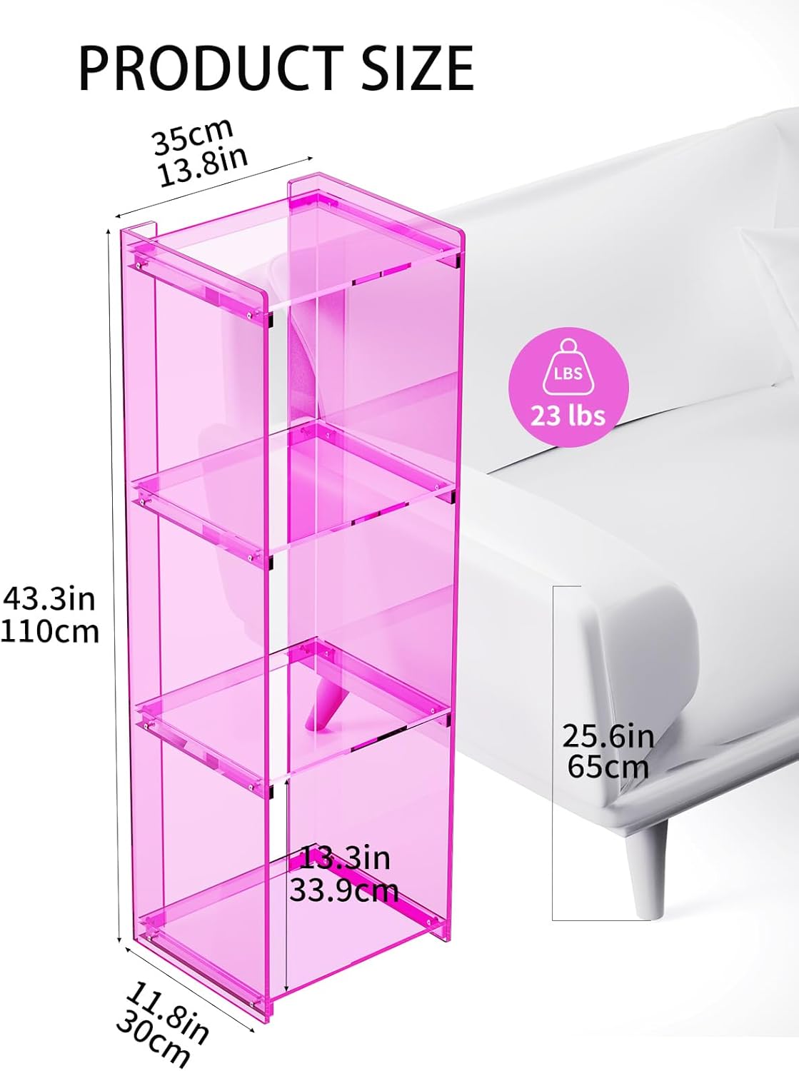 Acrylic Bookcase Small Narrow Shelf Bookshelf Corner Bookshelf Freestanding Tall Skinny Storage Organizer Rack, for Living Room, Kitchen, Bedroom 43.3" H (Pink)