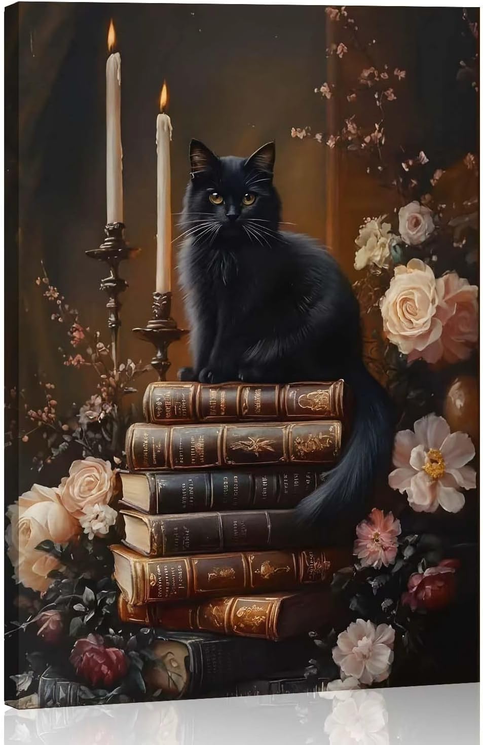 Framed Dark Academia Moody Wall Art Victorian Black Cat Wildflower Book Floral Wall Decor Picture Painting Artwork Vintage Black Cat Books Wall Art Gothic Vintage Antique Aesthetics Poster Print for Home Decoration (A, 8x12inch(20x30cm), Framed)