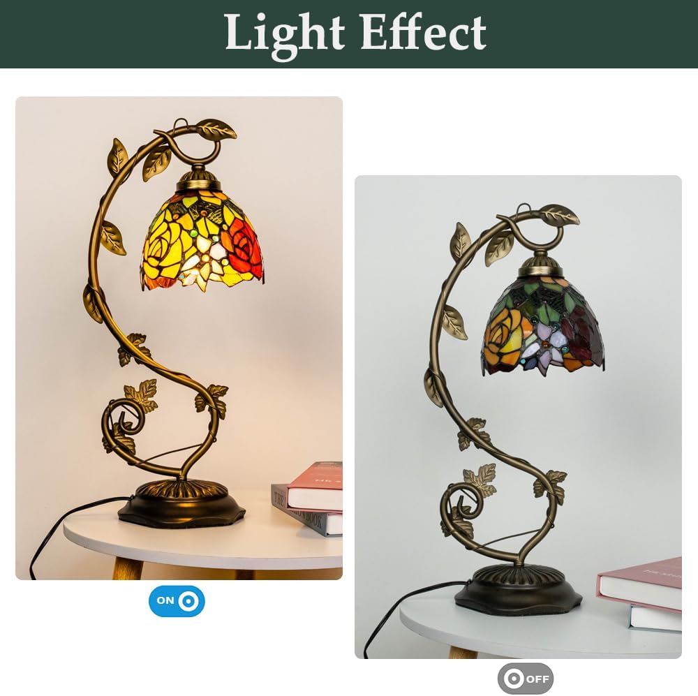 Skyblaze Tiffany Style Table Lamp with Metal Leaf, Stained Glass Desk Lamp, Vintage Night Light, Art Deco Reading Light with Handmade Lampshade for Nightstand Living Room (Rose)
