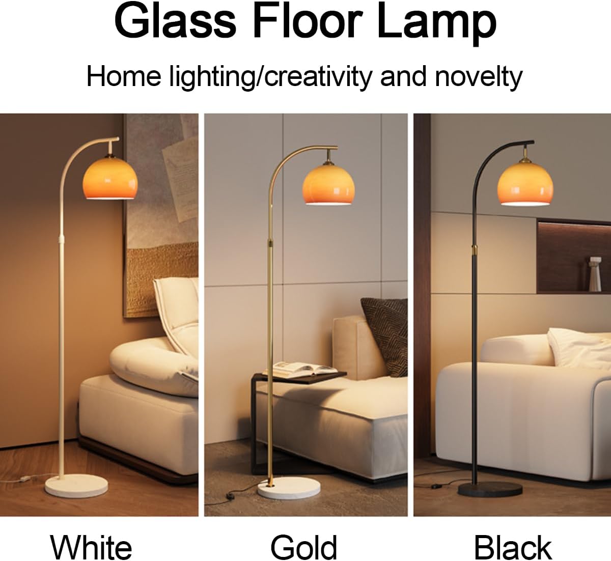Orange Glass Shade Floor Lamp Adjustable Height Tall Light Bedside Standing Reading Lamp Arc Floor Lamps Rust-Proof Iron Pole Light with Push Button Switch for Living Room Hotel Studio
