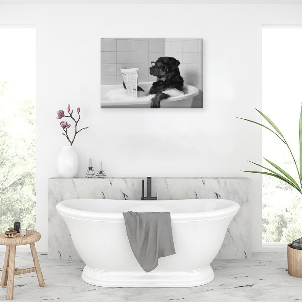 Funny Wall Art Bathroom Wall Decor Rottweiler Dog Reading Newspaper in Bubble Bath Black and White Print Canvas Wall Prints poster Retro Home Office School Library Decor Framed8x12inch