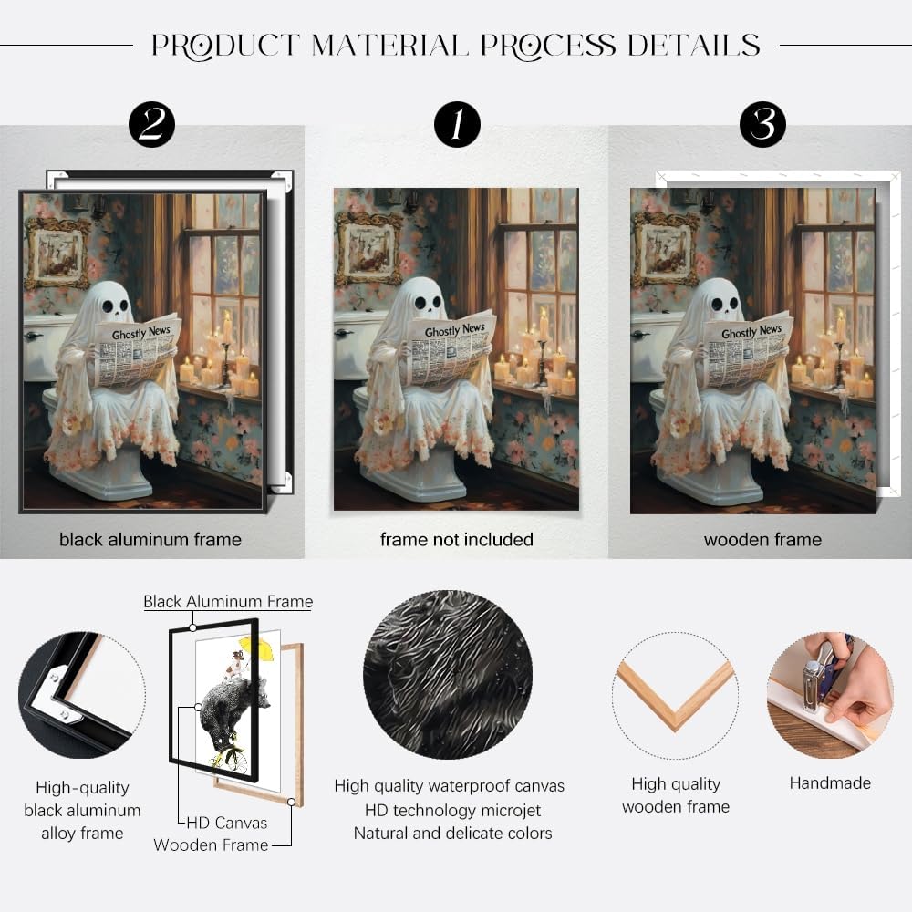 Funny Halloween Ghost Bathroom Wall Art Ghost Reading Newspaper on Toilet Canvas Poster Whimsical Dark Academia Pictures Print for Goth Home bathroom Toilet Decor Aesthetic 12x16inch Unframed