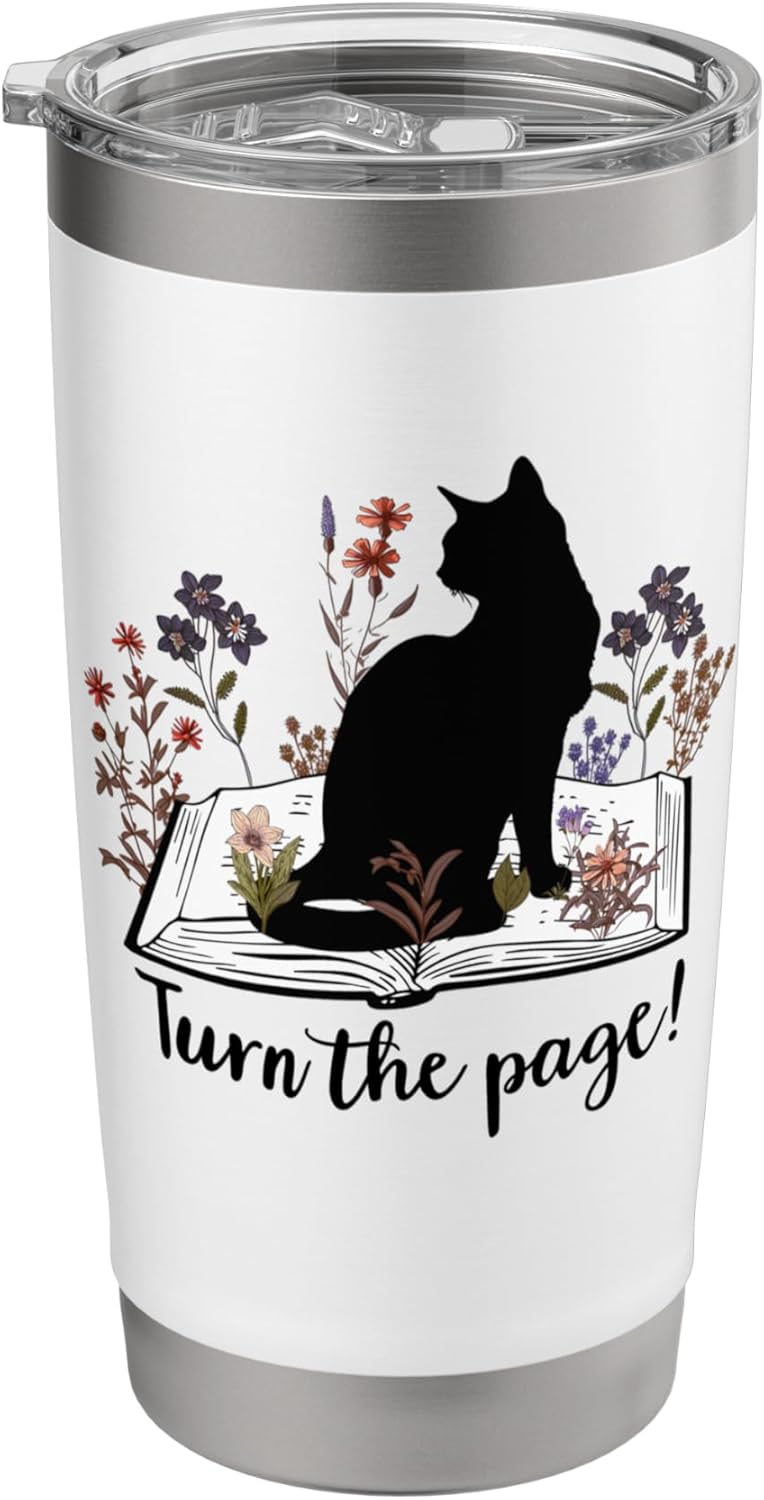 Turn the Page Books & Cats Black Cat Women Floral Book Lover Stainless Steel Insulated Tumbler