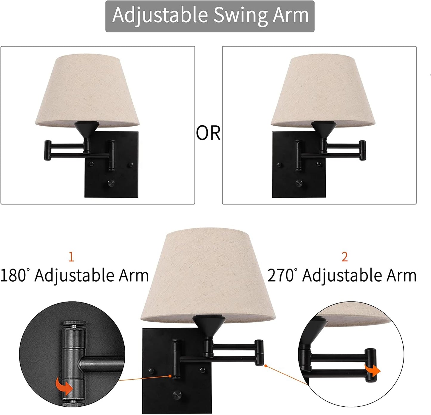 Pauwer Plug in Wall Sconce Set of 2 Swing Arm Wall Lamp with Plug in Cord and Fabric Shade Wall Light Fixtures for Hallway Bedroom Living Room (Beige Shade)