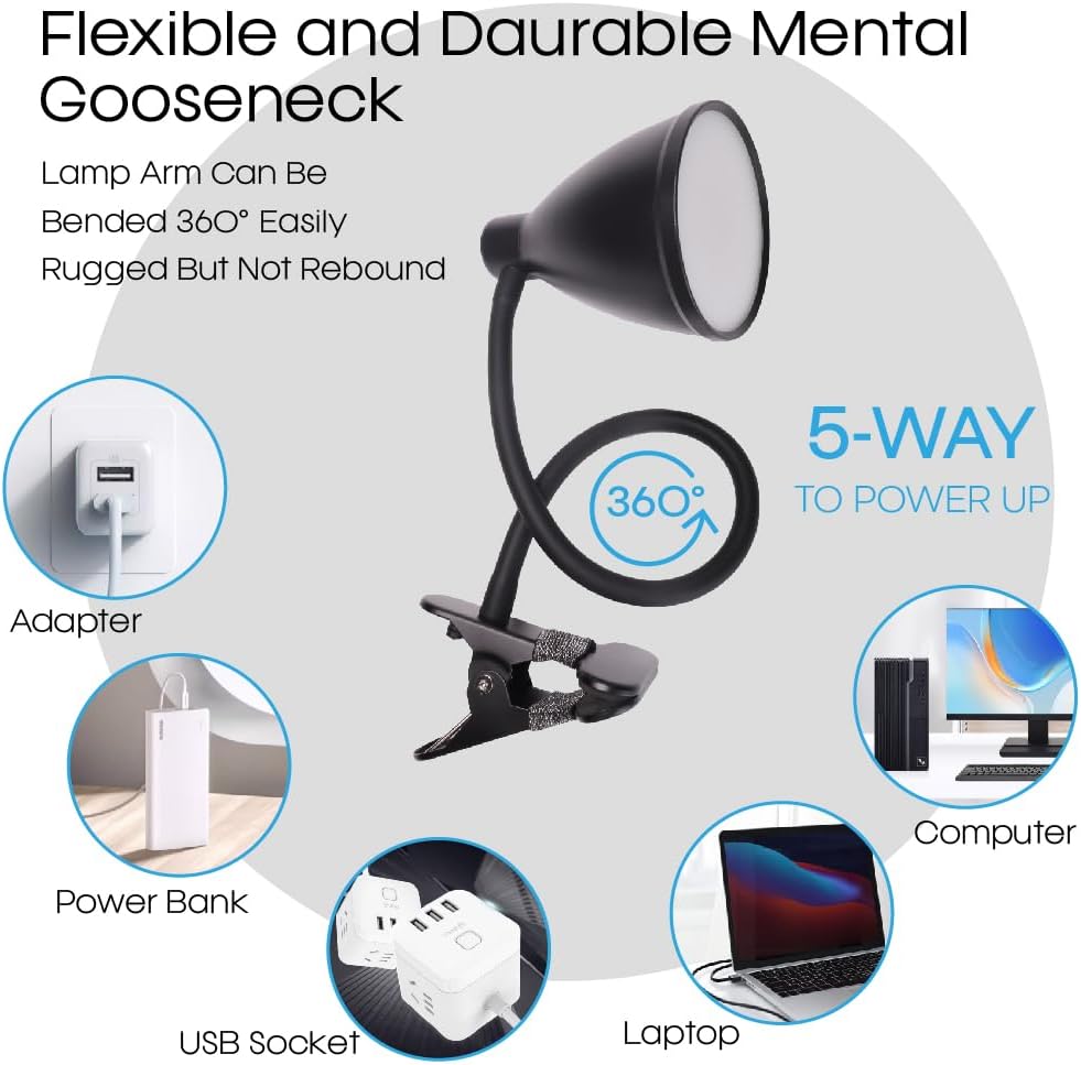 GlowVibe Desk Lamp 3 Color Modes 10 Brightness Dimmer Reading Light 10W 40 LED Clamp Lamp 360° Flexible Neck Clip on Light for Bedroom and Office Home Lighting, AC Adapter Include