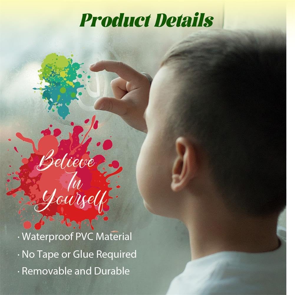 PLIGREAT 9 Sheets Colorful Inspirational Quotes Window Stickers, Watercolor Ink Handprints Window Clings Peel and Stick Windows Decals for Nursery Bedroom Classroom Sliding Glass Door Home Decor