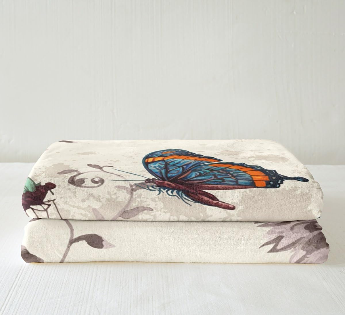 Erosebridal Butterfly Plush Bed Blanket Watercolor Flower Throw Blanket Queen 90"X90" for Women Girls Teens Colorful Butterfly Floral Sherpa Blanket Vintage Grunge Style Fleece Flanket Bedroom Decor
