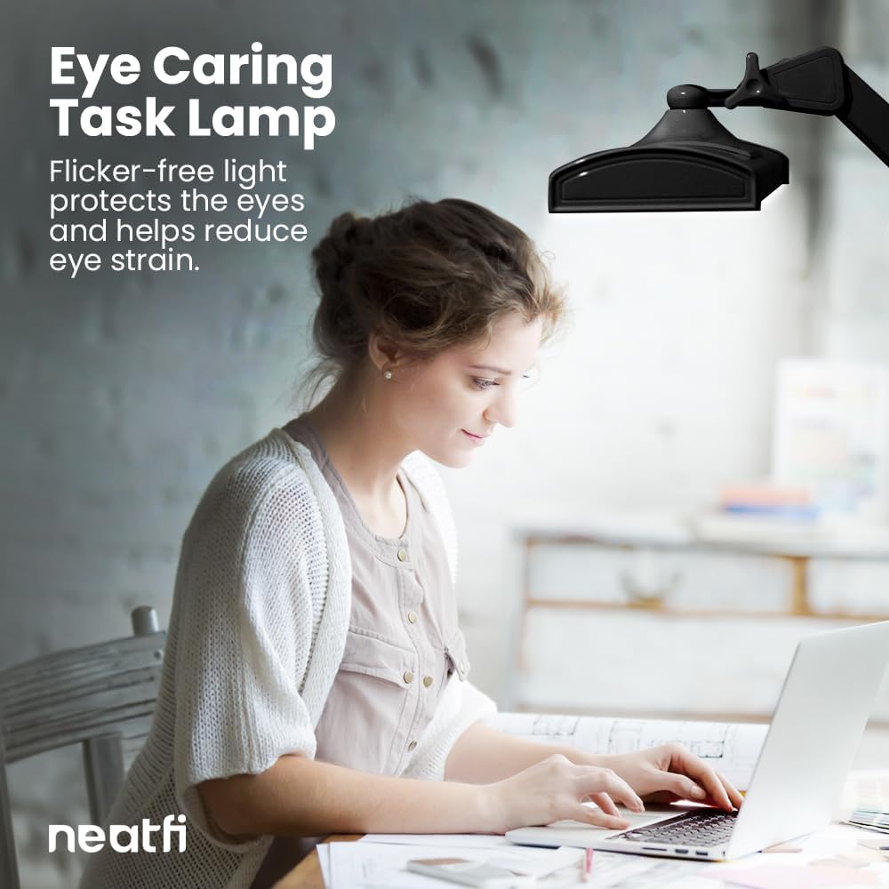 Neatfi Ultra 3,500 Lumens LED Desk Lamp – 45W, 26” Wide Metal Shade, 270 SMD LEDs, Shadow-Free | Adjustable Brightness | Non-Flickering Task Light for Nail, Craft & Office (Non-CCT with Clamp, Black)