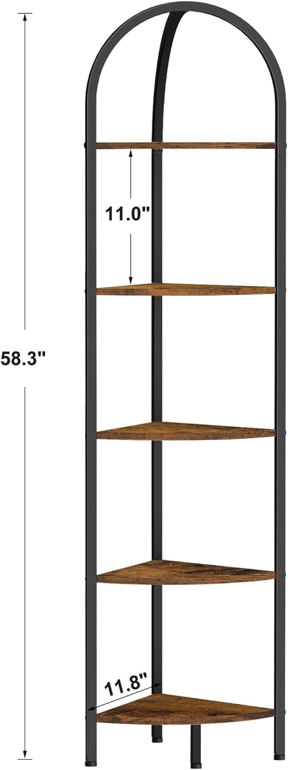 Homhedy 5-Tier Arched Corner Shelf Stand, Wall Corner Bookshelf with Metal Frame, Plant Stand, Industrial Storage Rack Shelf for Living Room, Bedroom, Office, Bathroom, Rustic Brown and Black