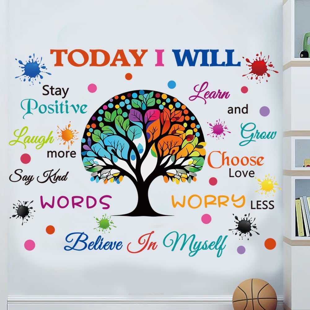 Colorful Inspirational Wall Decals Motivational Quote Today I Will Wall Stickers for Bedroom Classroom Peel and Stick Wall Decals Positive Saying Sticker (Tree Style)