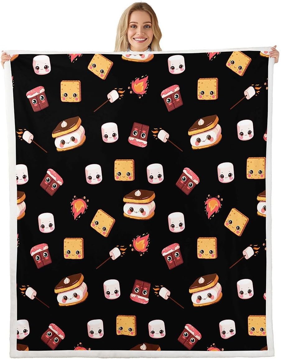 Marshmallow Fleece Throw Blanket 40"x50" Cute S'Mores Plush Blanket for Bed Sofa Couch Boys Cute Cookie Sherpa Blanket Camper Outdoor Adventure Fuzzy Blanket Room Decor