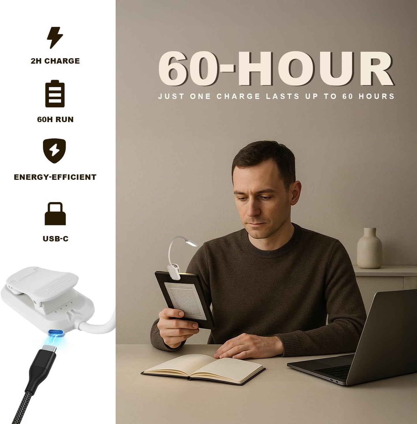 Rechargeable 20 LED Book Lights for Reading at Night - Energy Saving with Extended 60Hrs Runtime, 15-Level Stepless Dimming, Flexible Lightweight Clip on Light for Studying, Travel, White