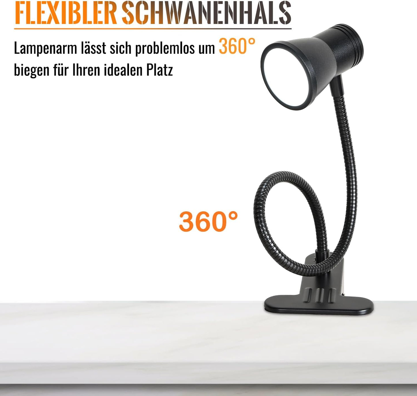 Clip Desk Lamp, USB Reading Light, Flexible Neck Led Clamp Light with 3 Color Temperature Options, 10 Dimmable Brightness Levels for Working, Studying (8W)