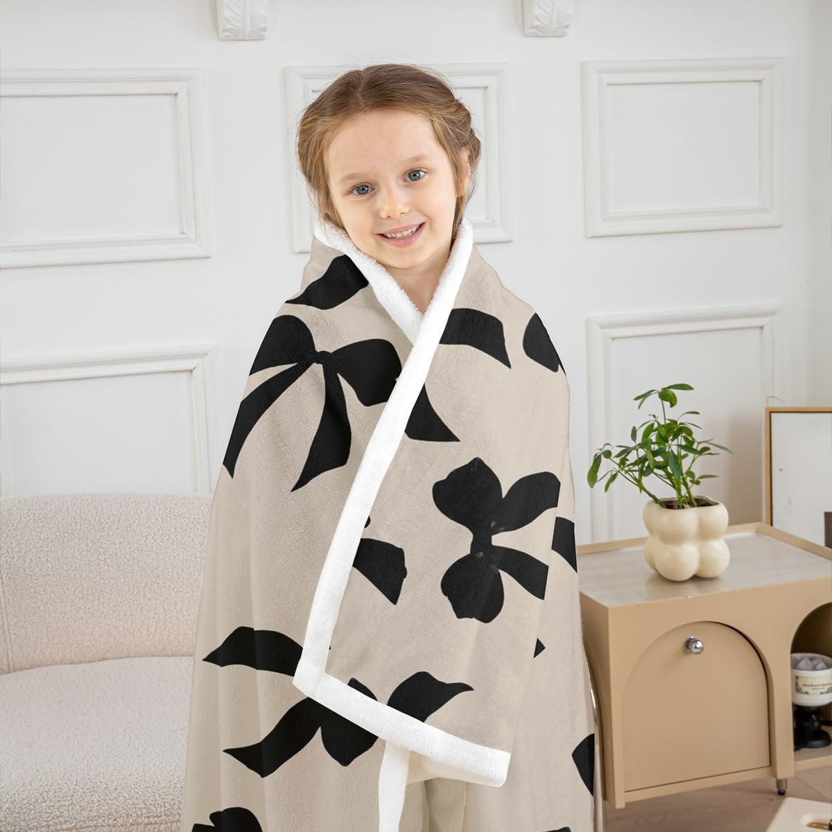 Feelyou Bow Sherpa Throw Blanket for Couch Elegant Super Soft Cozy Fleece Kawaii Bow Blanket for Winter, Plush Throw Black Throw 50"x60" All Season
