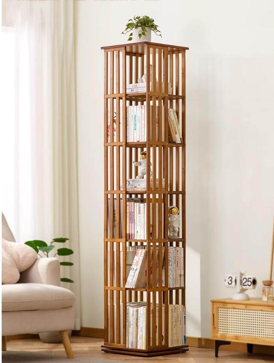 5/6 Tier Bamboo Rotating Bookcase - 360° Bookshelf Tower Organizer, Corner Cabinet for Bedroom, Living Room & Office Storage, Freestanding Book Rack