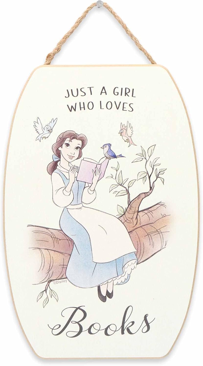 Disney Beauty and the Beast Just a Girl Who Loves Books Hanging Wood Wall Decor - Cute Belle Decoration for Kids' Bedroom or Reading Nook
