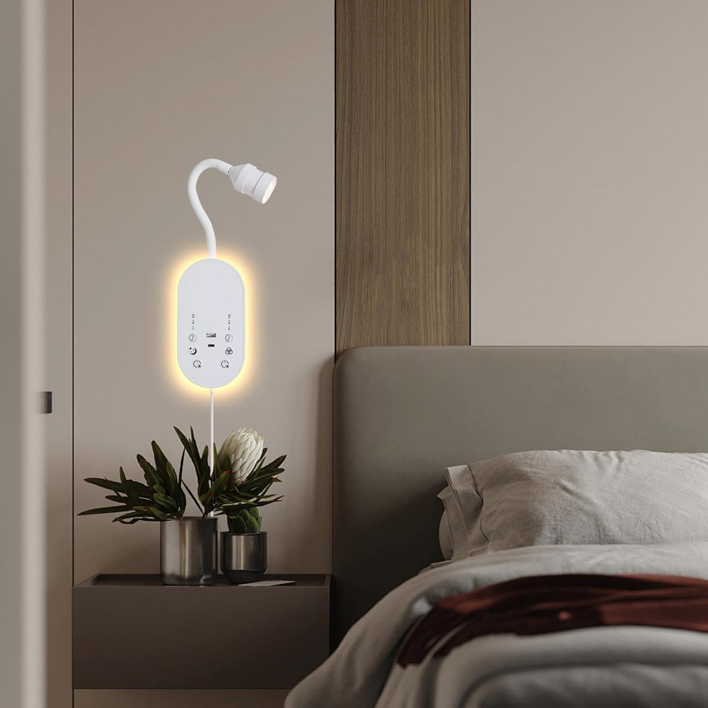 LED Wall Mounted Reading Light for Bed, Book Light for Reading with Touch Control, Stepless Dimmable, Flexible Gooseneck Bed Light with USB C+A, Night Light & Timers Function (White)