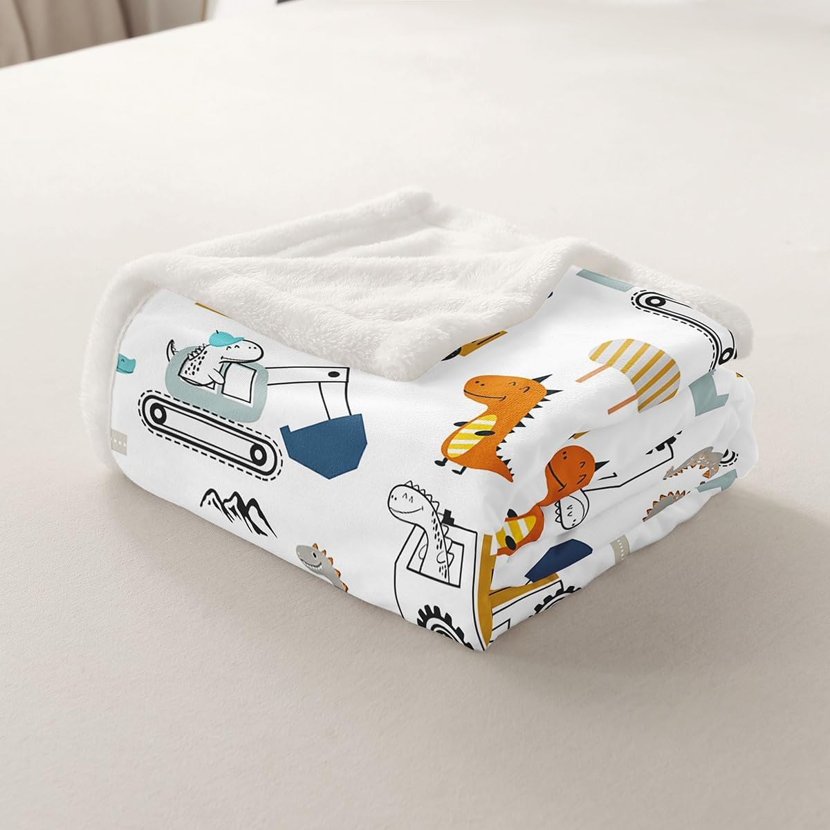 Construction Sherpa Twin 60"x80" Equipment Trucks Fleece Throw Blanket for Kids Boys Girls Decor Dinosaur Plush Blanket 3D Digital Print Yellow Fuzzy Bedroom