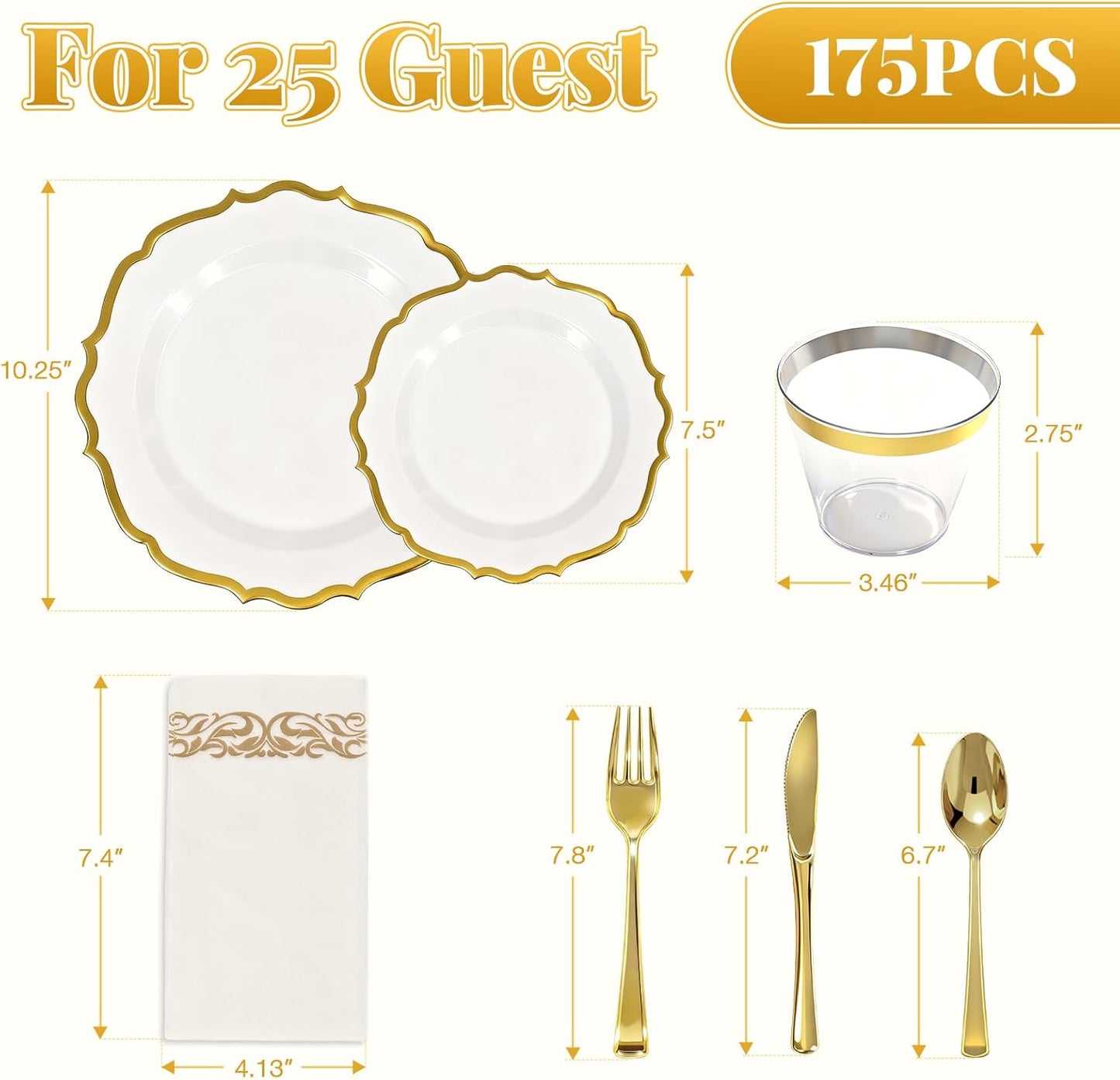 175 Plastic Dinnerware Set Gold Disposable Dinnerware Set for 25 Guests Include 50 Plastic Plates 25 Silverware Set 25 Cups and 25 Napkins for Easter Party Wedding Birthday