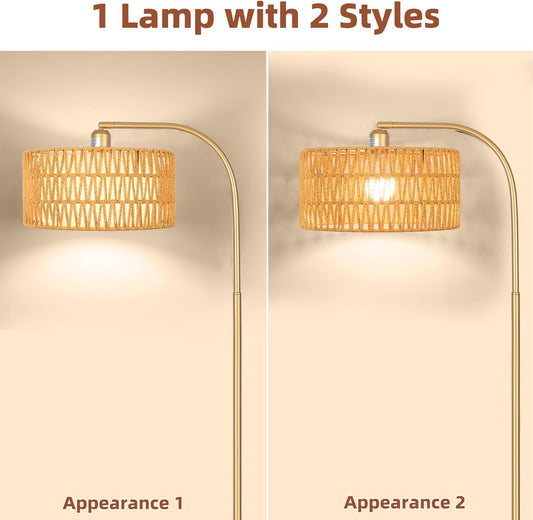 Gold Floor Lamps- Boho Floor Lamp for Room, Rattan Standing Lamps with Dimmable Bulb, Adjustable 2-in-1 Lampshades Arc Floor Lamp Over Couch Lamps for Living Room, Bedroom, Office