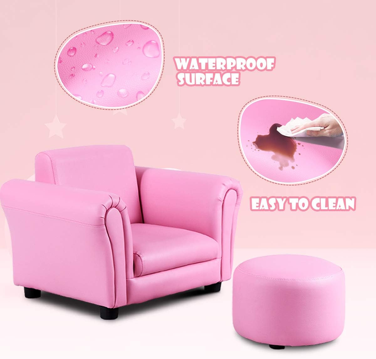 Costzon Kids Couch with Footstool, Children's Sofa with ASTM & CPSIA w/PU Leather Surface, Mini Armrest Chair Lounge, Soft Kids Sofa for Preschool Bedroom Kids Room Toddlers Boys Girls Birthday (Pink)