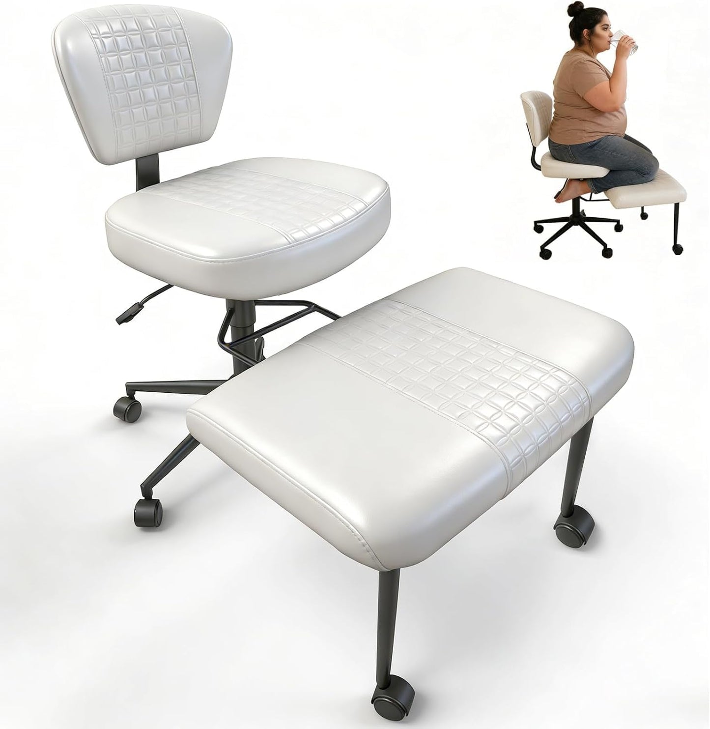 Meditation Chair with Footrest, 360° Swivel Height Adjustable Criss Cross Chair, White PU Padded Wide Seat, Home Office Desk Chair for Reading, Yoga, Peaceful Living