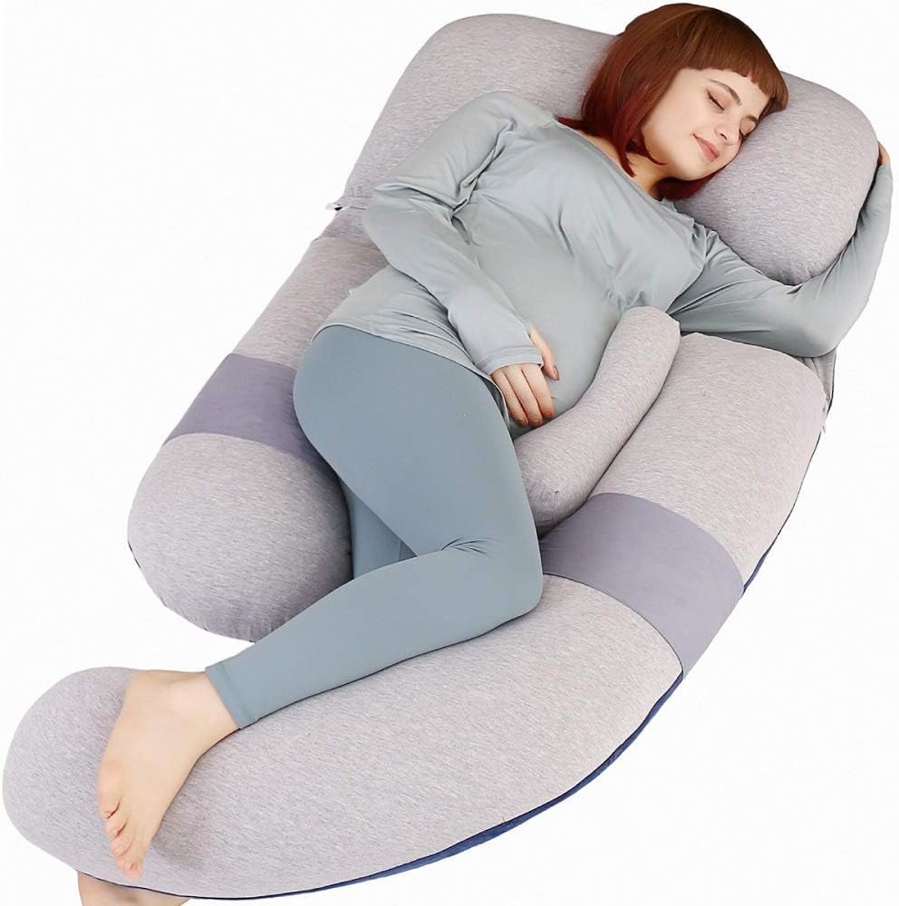 MOON PINE 60 inch Pregnancy Pillow, Detachable U Shape Full Body Pillow for Maternity Support, Sleeping Pillow for Pregnant Women (Grey&Blue-Velvet&Jersey)