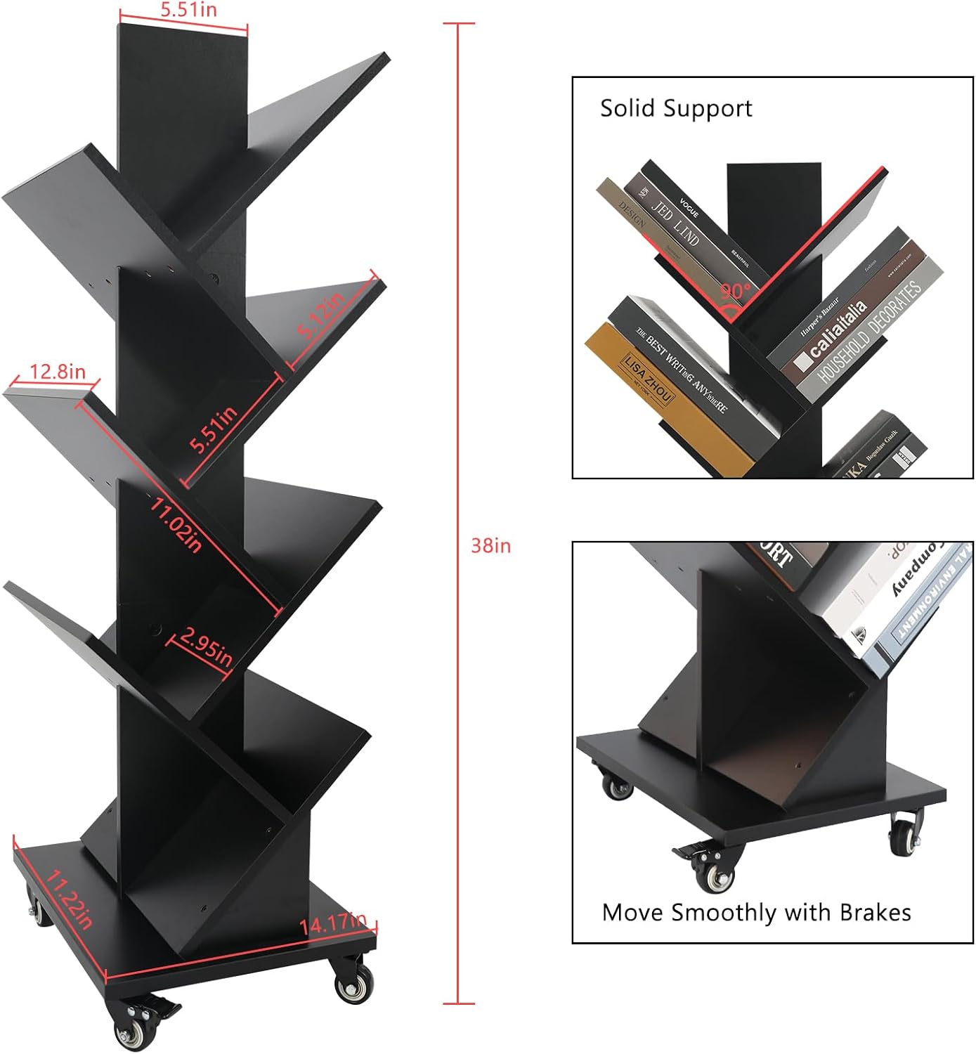 Homaterial 360°Rotating Tree Bookshelf - 7 Tier Space Saving Bookshelf, Corner Shelf for Small Spaces Black