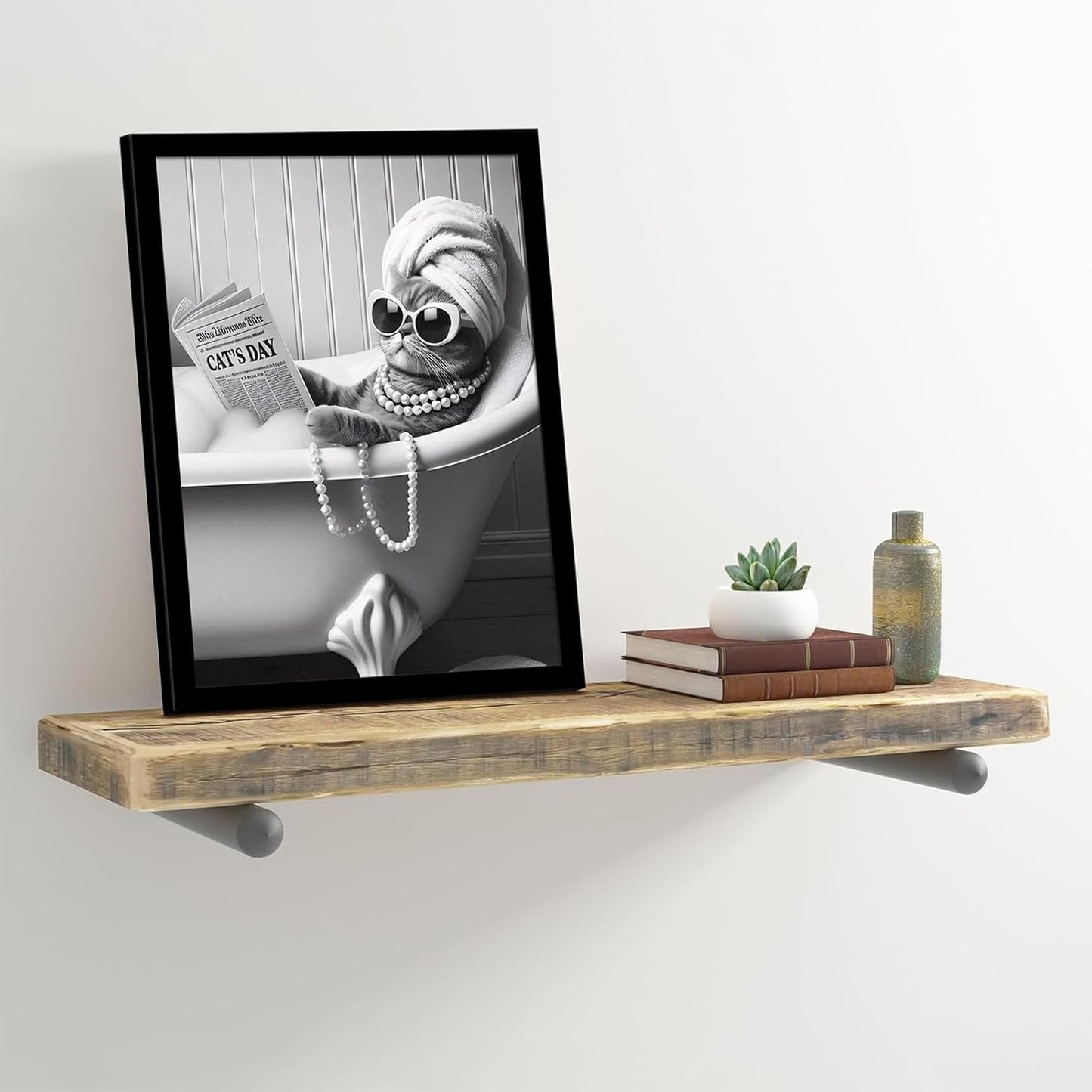 Framed Black and White Funny Cat and Dog Wall Art Set of 2 Canvas Prints, Vintage Animals Reading Newspaper Wall Decor, Humorous Pet Bathroom Decor Pictures with Wood Frame Acrylic Front for Bathroom Decor 12x16IN