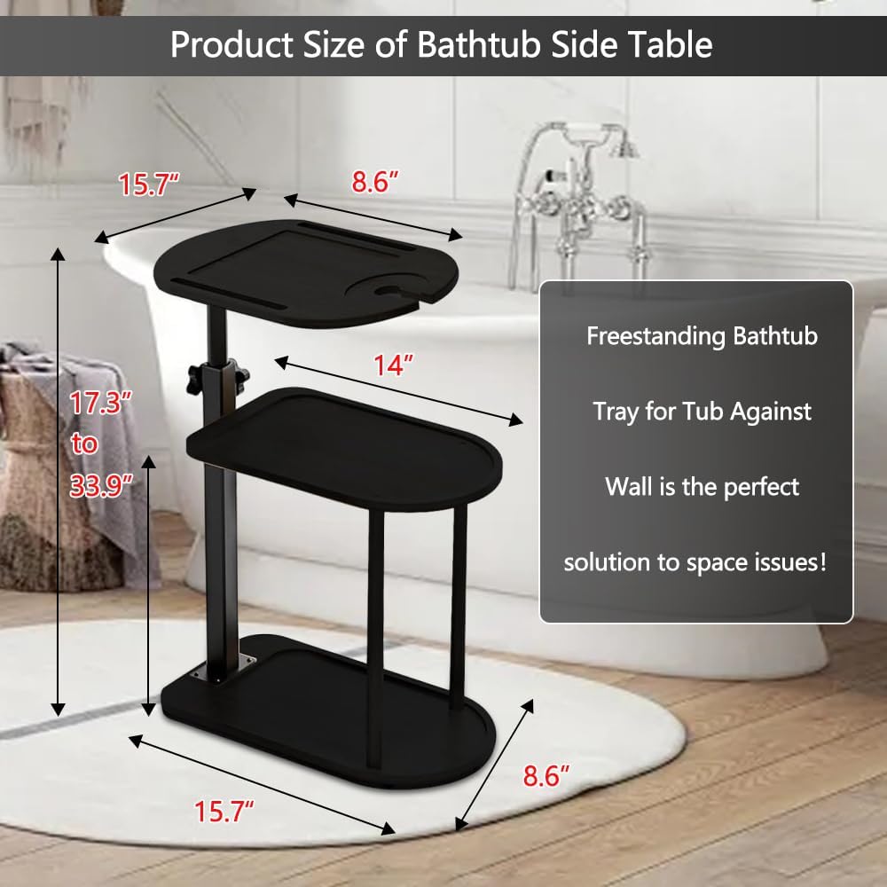 3 Layer Bathtub Tray Table,Bamboo Swivel Bathtub Side Table Height Adjustable,Freestanding Bathtub Tray for Tub Against Wall,Bathtub Accessories&Bathroom Organizer for Luxury Home Spa (Black)
