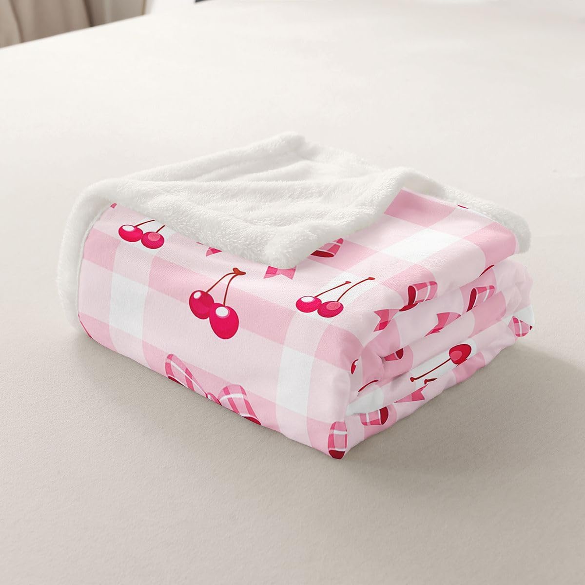 Feelyou Cute Bowknot Sherpa Throw Blanket for Couch Pink Plaid Super Cozy Fleece Red Cherry Blanket for Winter, Plush Throw Kawaii Bow Baby 30"x40" All Season