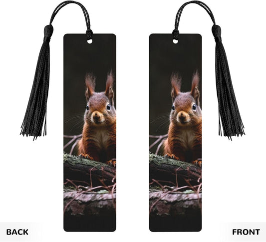 Squirrel in The Wild Bookmarks Gifts for Women Men, Wooden Bookmarks for Book Lovers, Vintage Book Marks Ornaments with Tassel, Unique Personalized Reading Page Markers Black