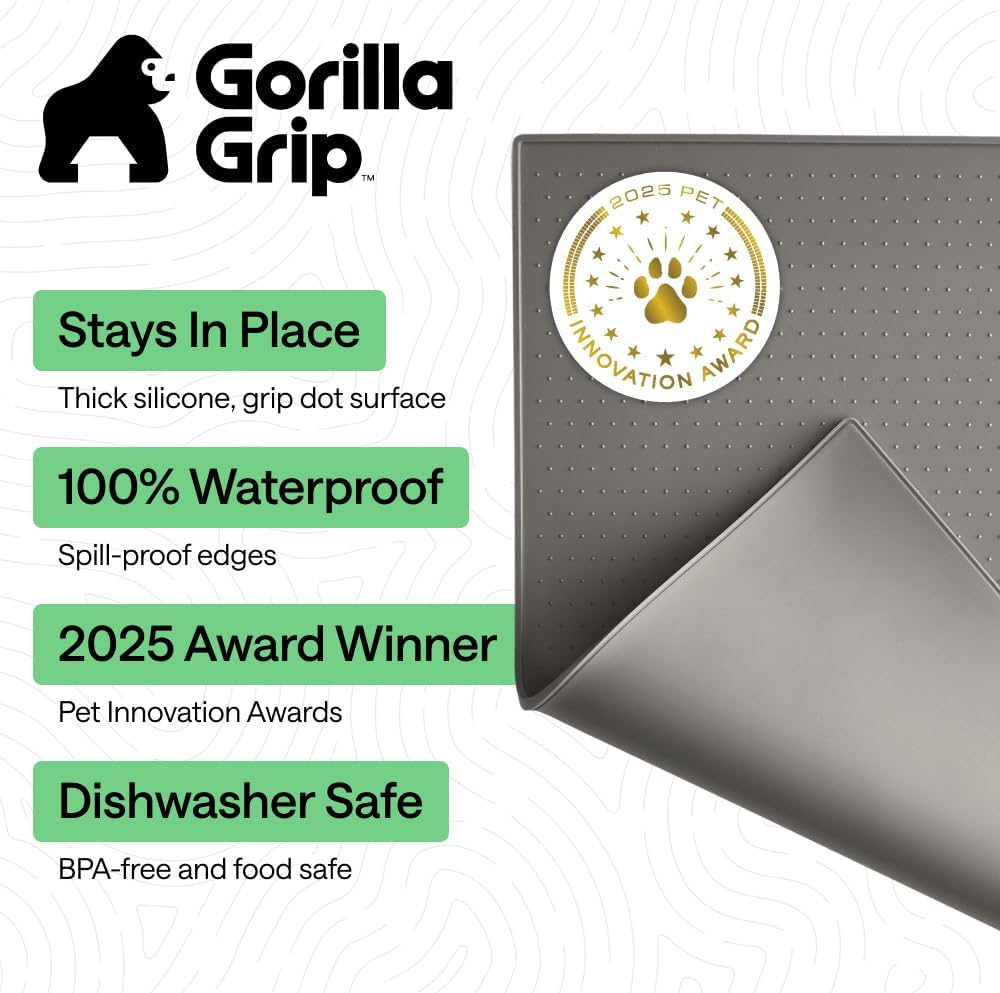 GORILLA GRIP 100% Waterproof Raised Edge BPA Free Silicone Pet Feeding Mat, Dog Cat Food Mats Contain Spills Protects Floors, Placemats for Cats and Dogs Water Bowl, Pets Accessories 18.5x11.5 Gray