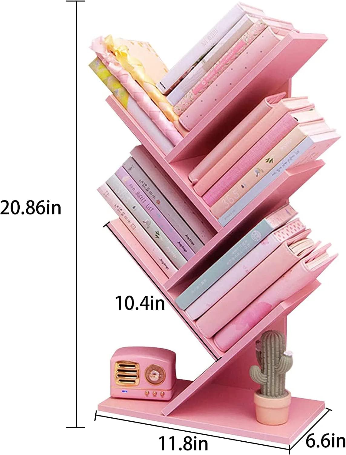 Tree Bookshelf,4-Layer Floor Standing Bookshelf,The Desktop Bookshelf Can Hold Books,Magazines,CDs and Photo Albums,Office Storage Rack,Pink