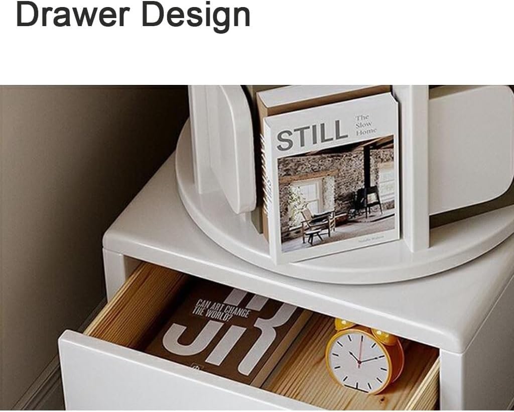 Walnut Rotating Bookshelf with Wheels, 360° Rotary Bookcase, Stackable Picture Book Rack with Drawers, Space-Saving Storage for Living Room and Bedroom