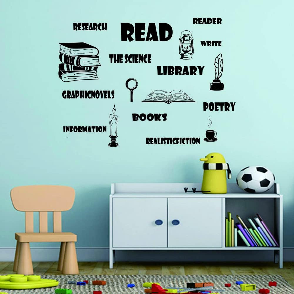 Reading & Learning Quotes Wall Sticker - PVC Removable Wall Art with Candle, Coffee, Pen & Lamp for Study, Classroom & Student Room Decor - 26"x36" Size (black-JWH275-reading)