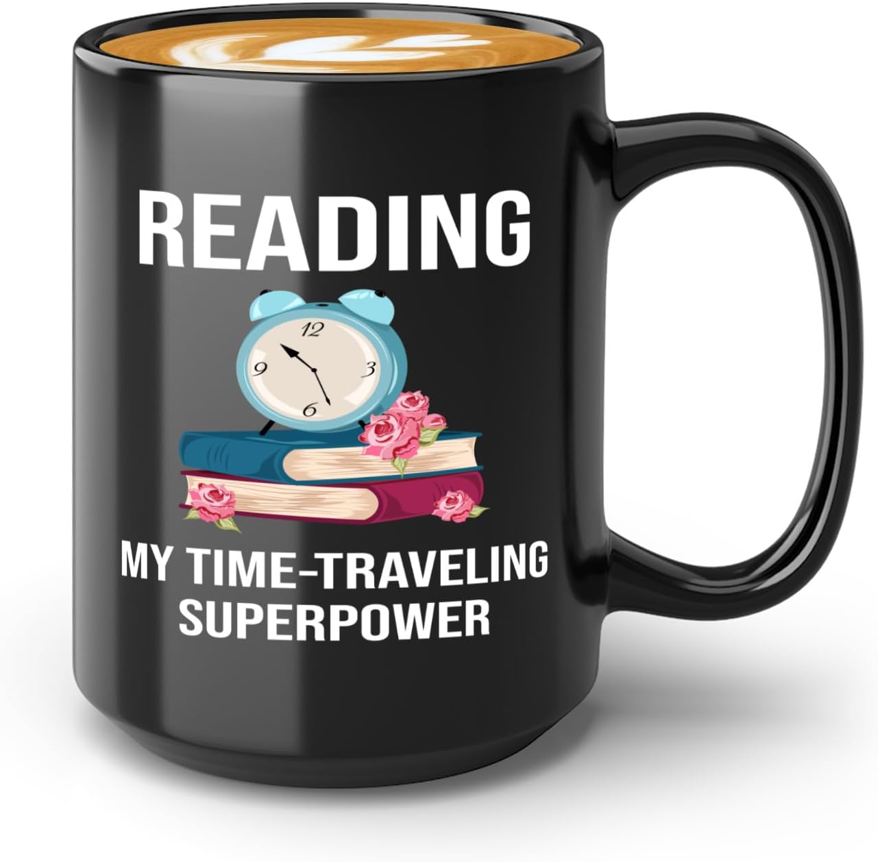 Book Lover Coffee Mug 15oz Black -Time-traveling Sprpwr - Gift For Poets Bookish People Bibliophile Librarian Book Club Reader