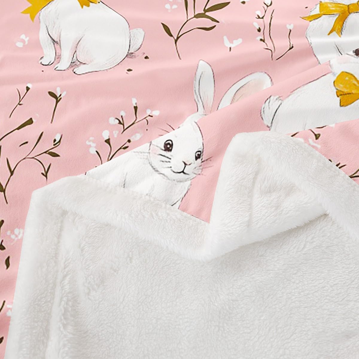 Cute Rabbit Throw Blankets Cartoon Bunny Pink Fleece Flannel Throws Boys Girls Lovely Little Floral Rabbit Decor Soft Cozy Fleece Blankets Botanical Animal for Sofa Bed Couch,40x50 Inches
