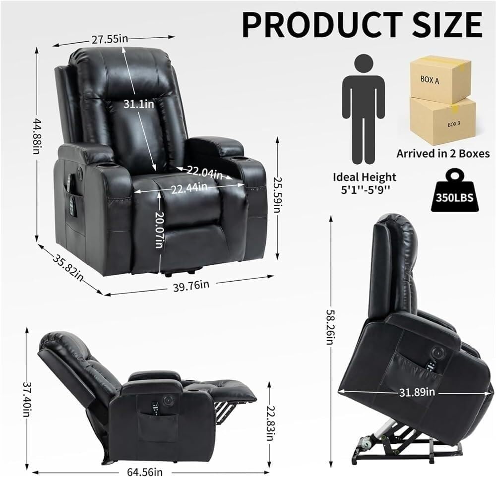 Heavy Duty Power Lift Recliner with Lumbar Massage & Heat Single Motor Electric Leather Recliner Chair for Elderly, Cup Holders, Charging Port, Comfortable Black Upholstered Sofa Seat