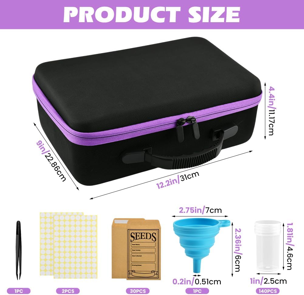 Seed Storage Organizer Box with 140 Slots and Plastic Bottles, Portable Garden Seed Vault Kit with Envelopes,Labels,Funnel,Tweezers, Lightproof EVA Storage Case for Home Gardening