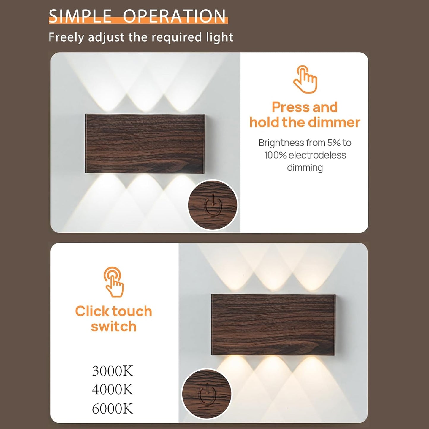 2 Pcs LED Magnetic Wall Sconce Lights,5000mAh Wireless Bedside Wall Light USB Rechargeable Reading Wall Lamp,3 Lighting Colors And Dimmable Battery Operated Wall Sconces (Walnut color, 2 pcs)