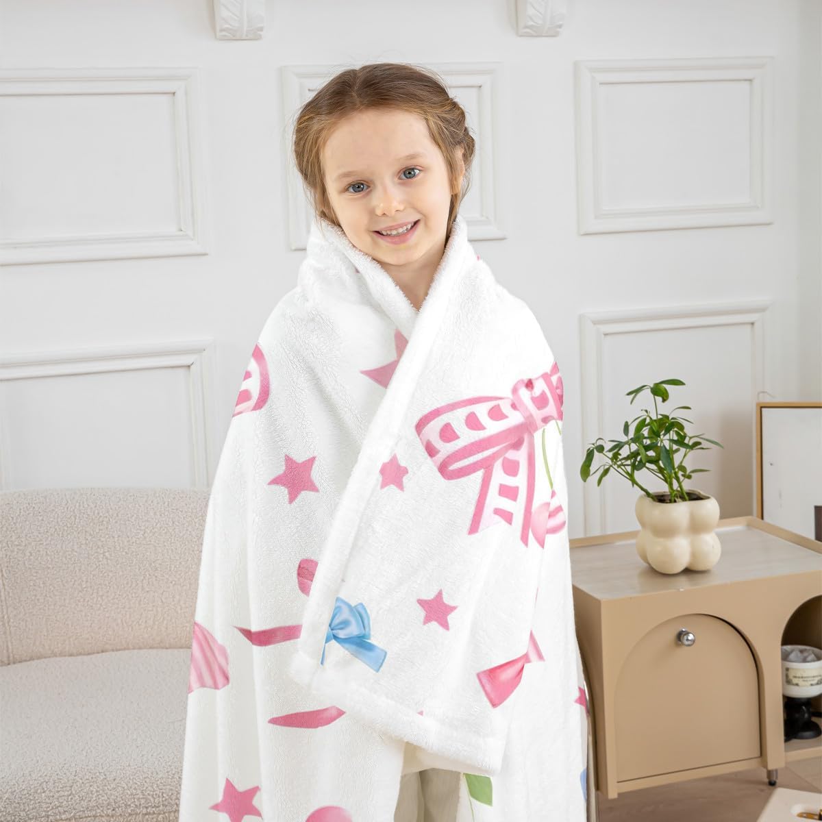 Manfei Bow Cherry Throw Blanket Pink Blue Bowknot Fleece Blanket, Cute Bow Tie Princess Cozy Throws for Bed Couch Sofa, Kids Girls Women Room Decor, Soft and Breathable(50 x 60 Inches)