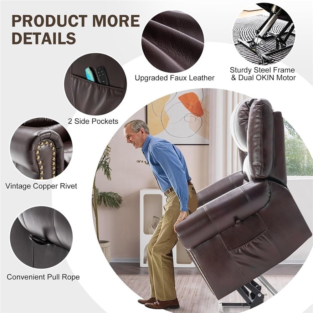 Leather Dual Motor Large Power Lift Recliner Chair for Adults with Heat & Massage, Lay Flat & Infinite Position Electric Recliner with USB Ports, Remote Control for Living Room