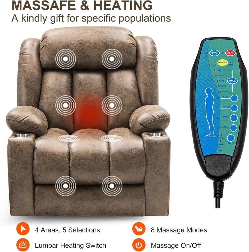 Power Lift Recliner Chair for Elderly, Breathable Leather Ergonomic Lounge Chair with Massage and Heat, Classic Single Sofa with Cup Holders Side Pockets for Home Theater