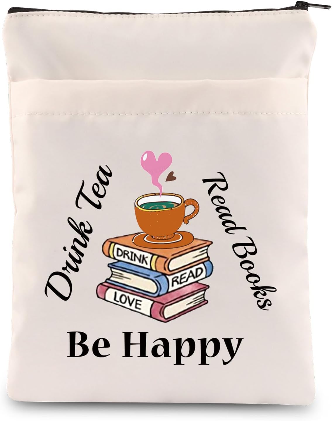 FEELMEM Bookworm Gift Drink Tea Read Books Be Happy Book Sleeve with Zipper Tea Lovers Book Pouch