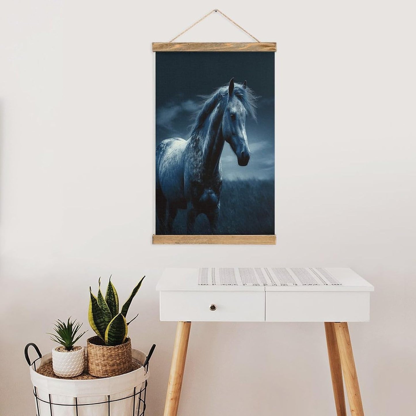 Vintage Blue Horse Poster with Wooden Frame Personalized Linen Hanging Scroll Painting Rustic Wall Hanging Illustrative Modern Artwork Decor for Home Living Room Bedroom Office