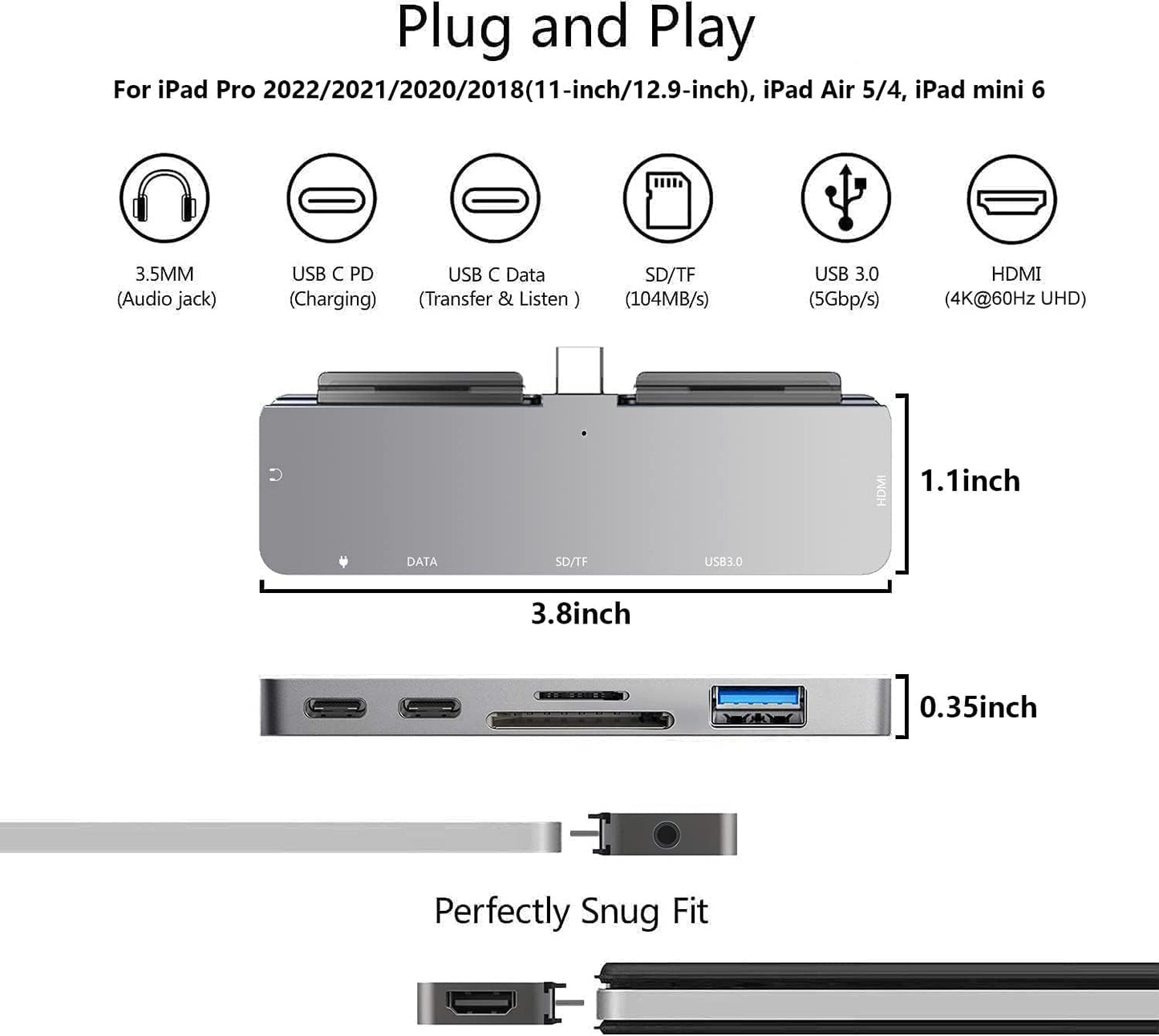 iPad Pro M4/M2/M1 13/11/12.9, iPad Air 5, 7 in 1 Adapter - 4K 60Hz HDMI, 3.5mm Headphone Jack, USB3.0, USB C PD Charging & Data, SD/Micro SD Card Reader